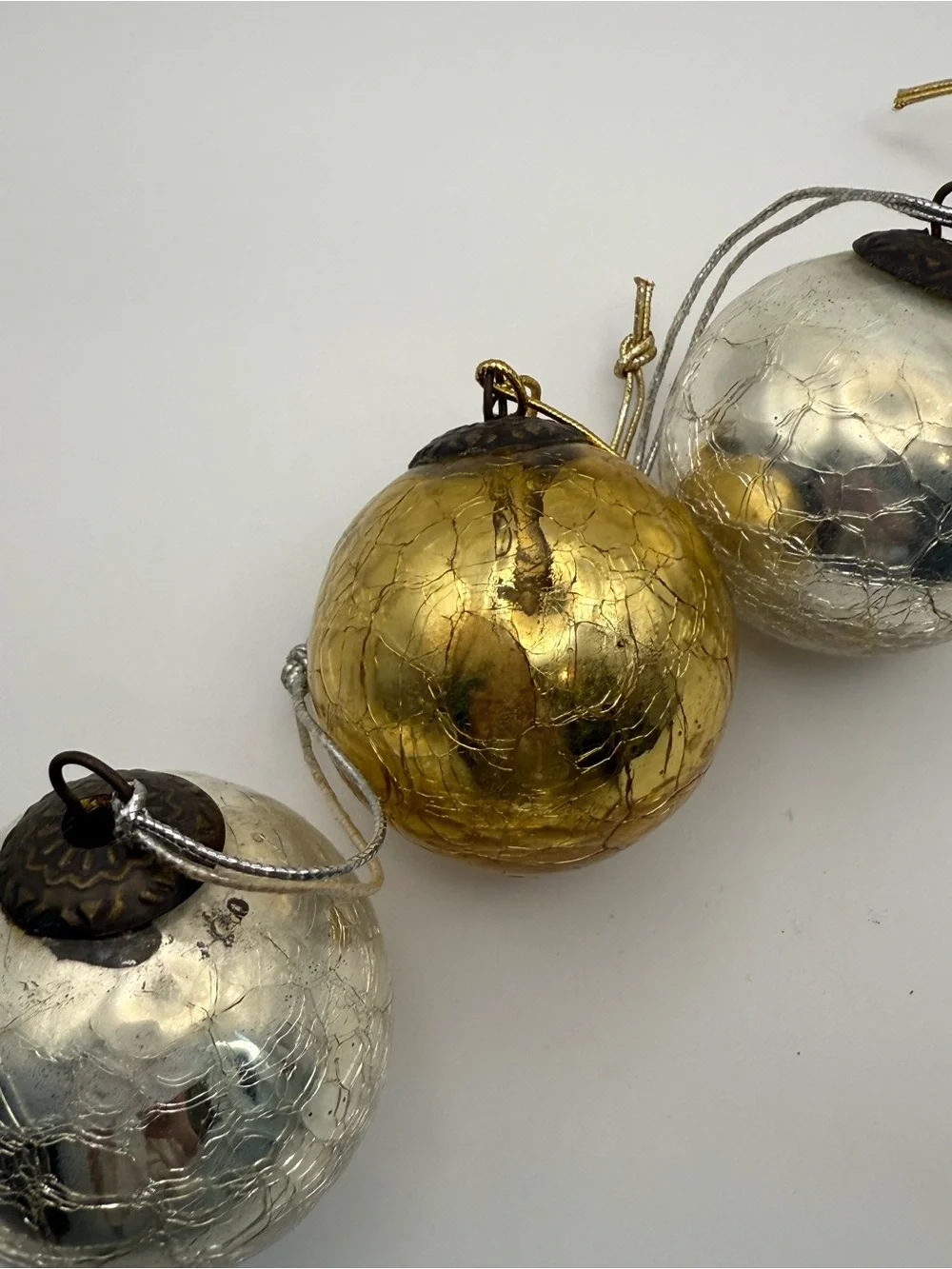 Set of 4 Vintage Metallic Gold & Silver Ornaments, Kugel Style, mercury glass